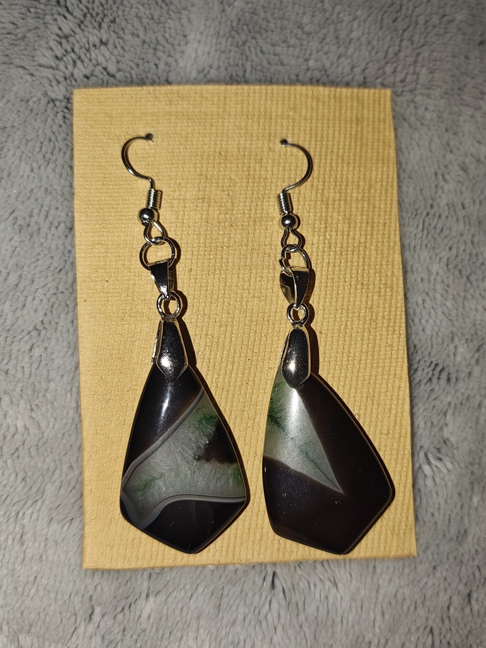 Natural Stone Black and Green Teardrop Dangle Earrings - Handmade Jewelry
